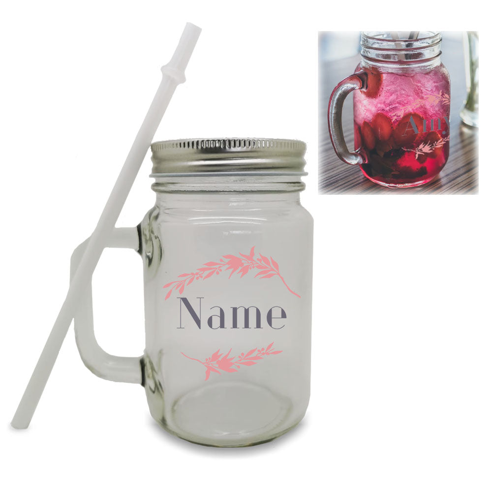 Colour Printed Mason Jar with Name and Wreath Design Image 2