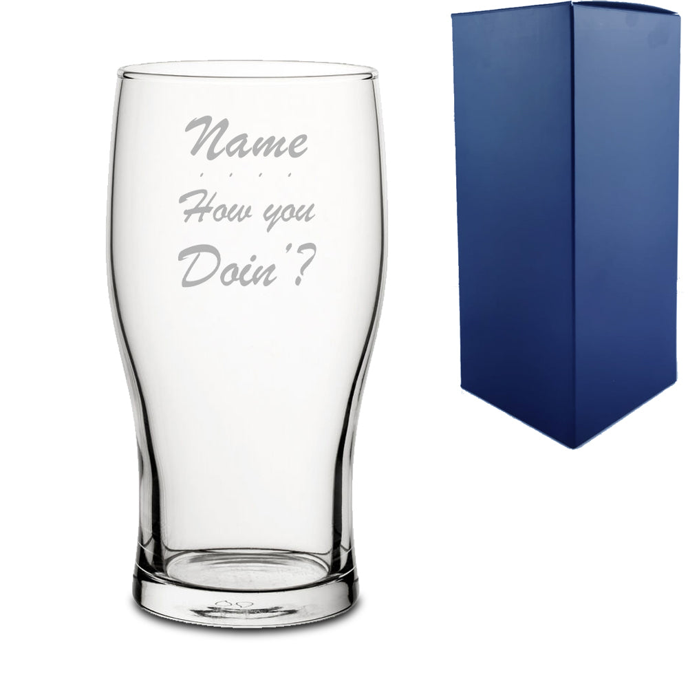 Engraved Funny "Name, How you doin'?" Novelty Pint Glass With Gift Box Image 1