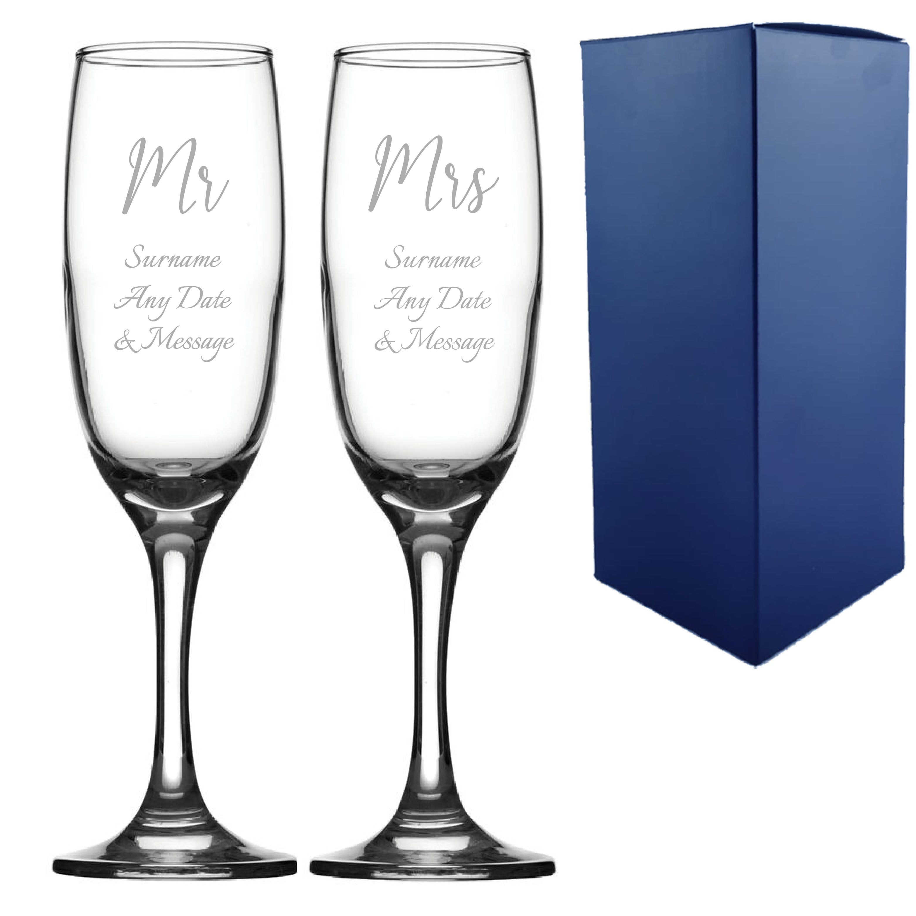 Engraved Wedding Champagne Set Mr and Mrs, Any Message, 7.5oz/221ml, Handwritten Font Image 1