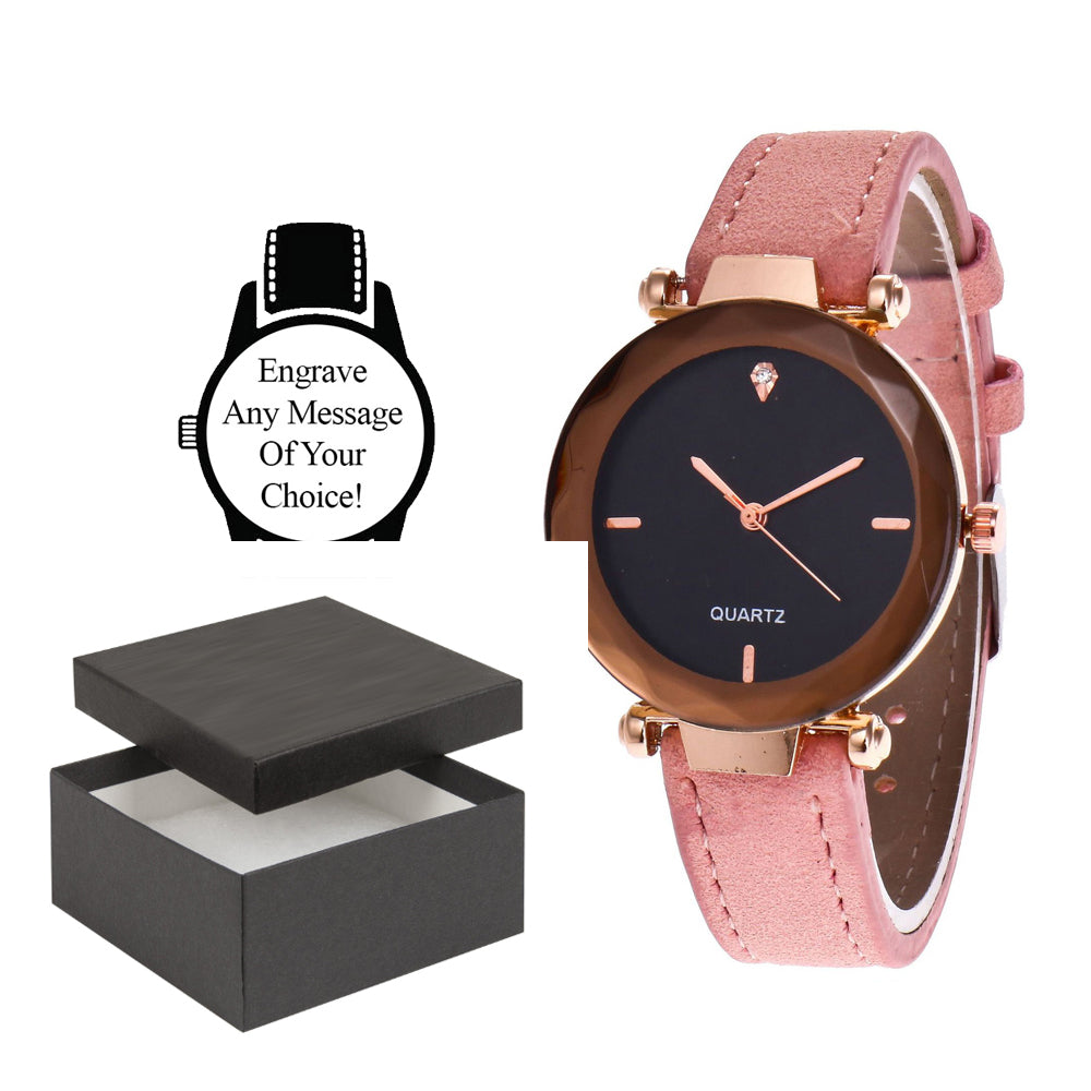 Personalised Engraved Watch Pink Leather Strap with Black Face Gold Rim Quartz Watch Image 1