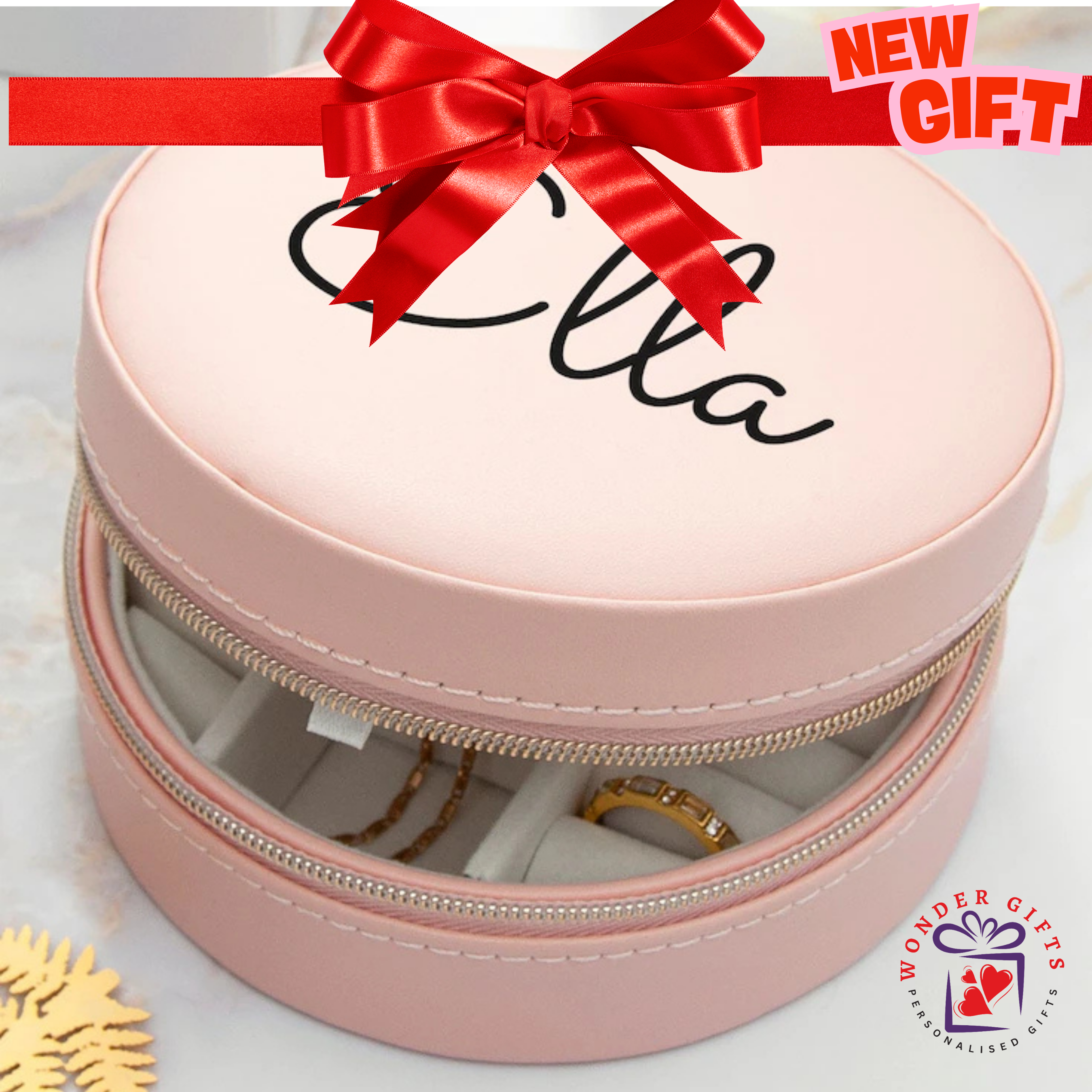 Personalised Blush Pink Round Jewellery Case Italian Leather