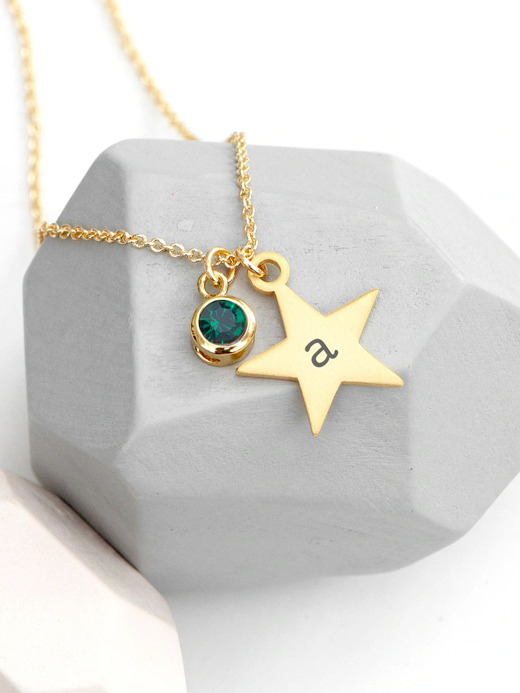 Personalised Gold Star with Birthstone Crystal Necklace