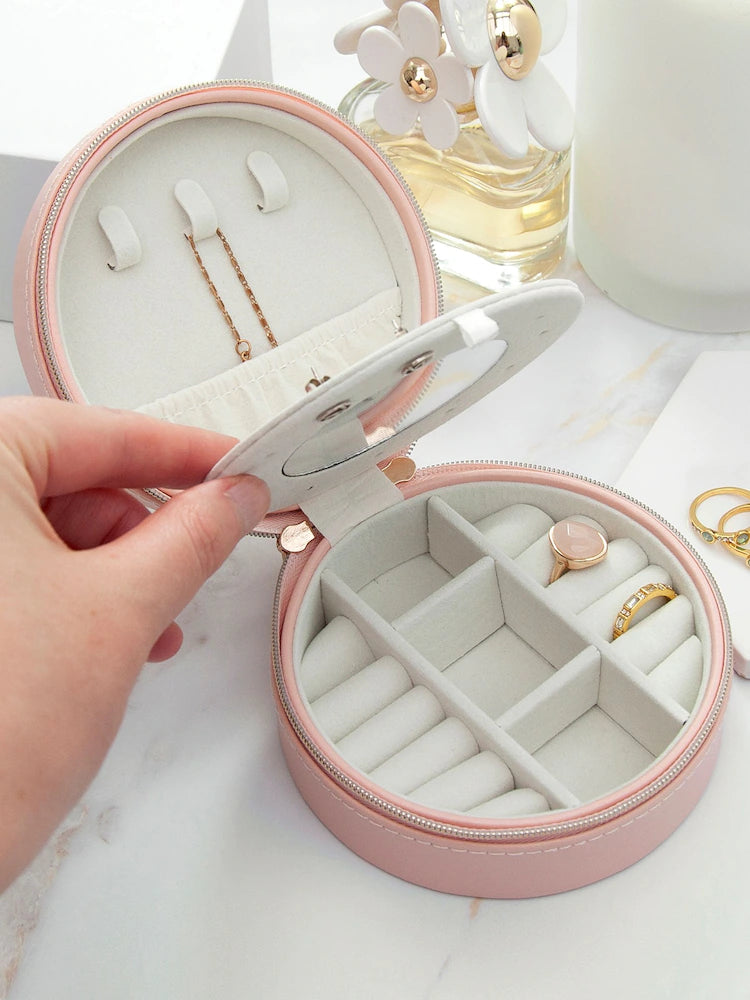 Personalised Blush Pink Round Jewellery Case Italian Leather