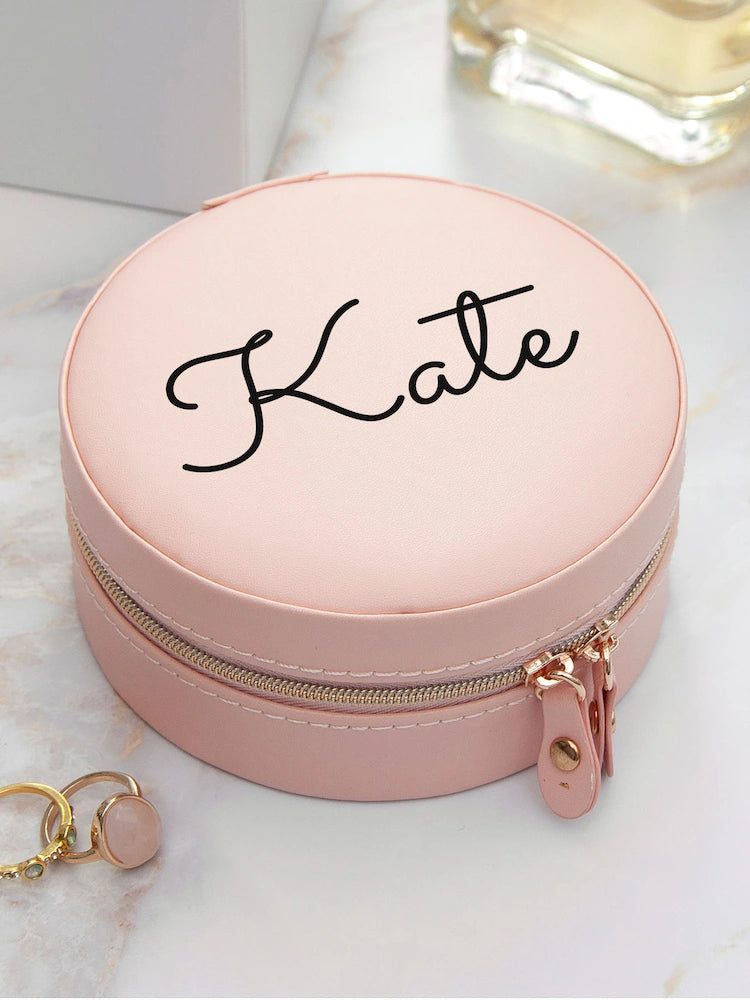Personalised Blush Pink Round Jewellery Case Italian Leather