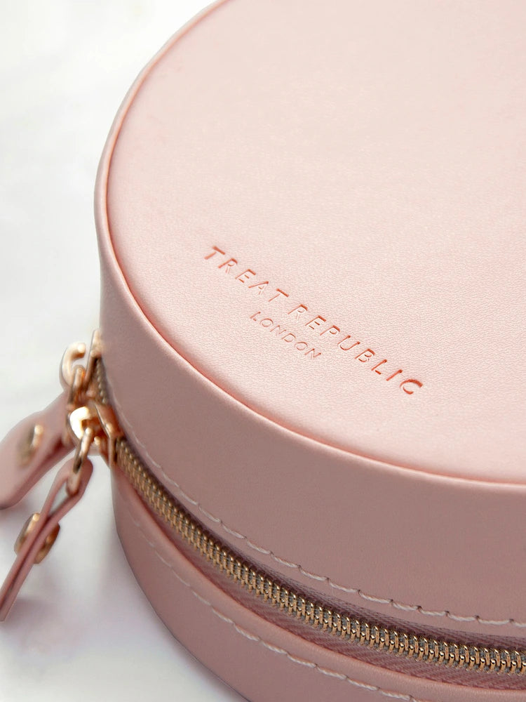 Personalised Blush Pink Round Jewellery Case Italian Leather
