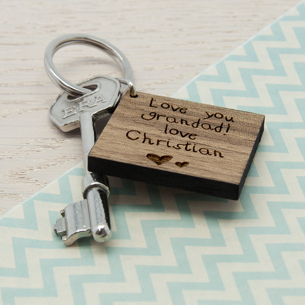 Personalised Square Wooden Keyring - Kids Hand-writing