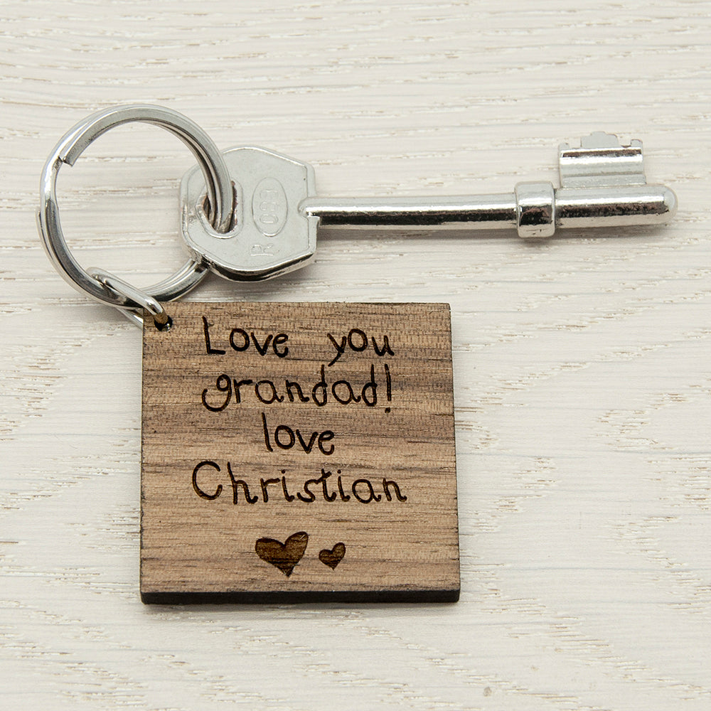Personalised Square Wooden Keyring - Kids Hand-writing