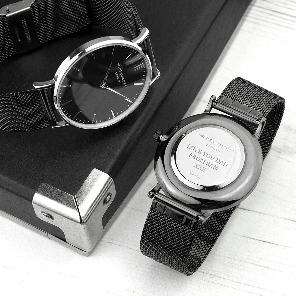 Personalised Men's Metallic Charcoal Grey Watch With Black Face