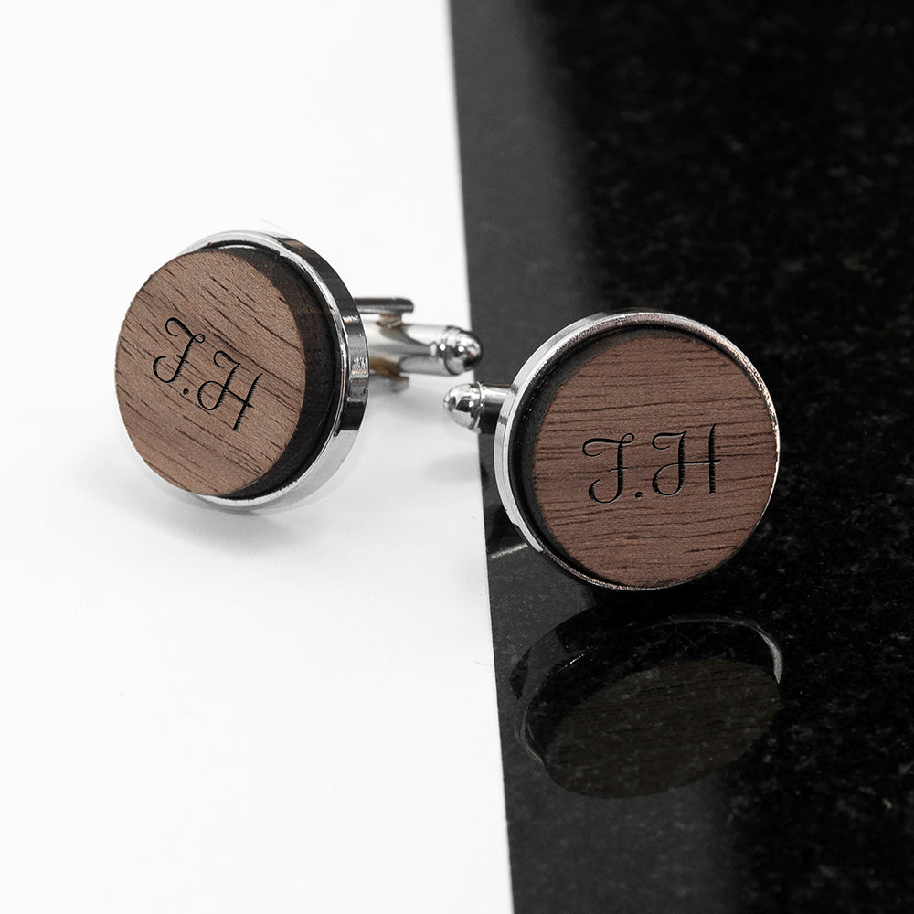 Monogram Engraved Round Walnut Cufflinks