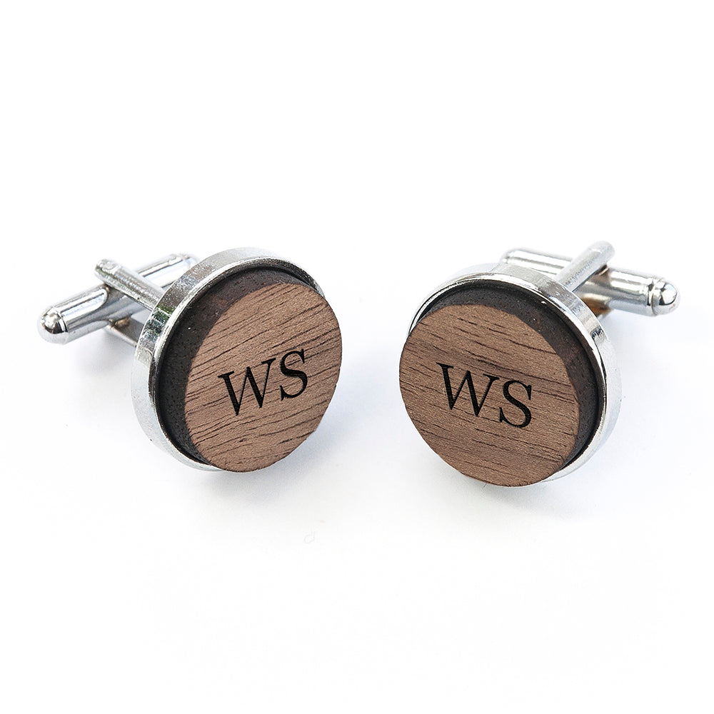 Monogram Engraved Round Walnut Cufflinks