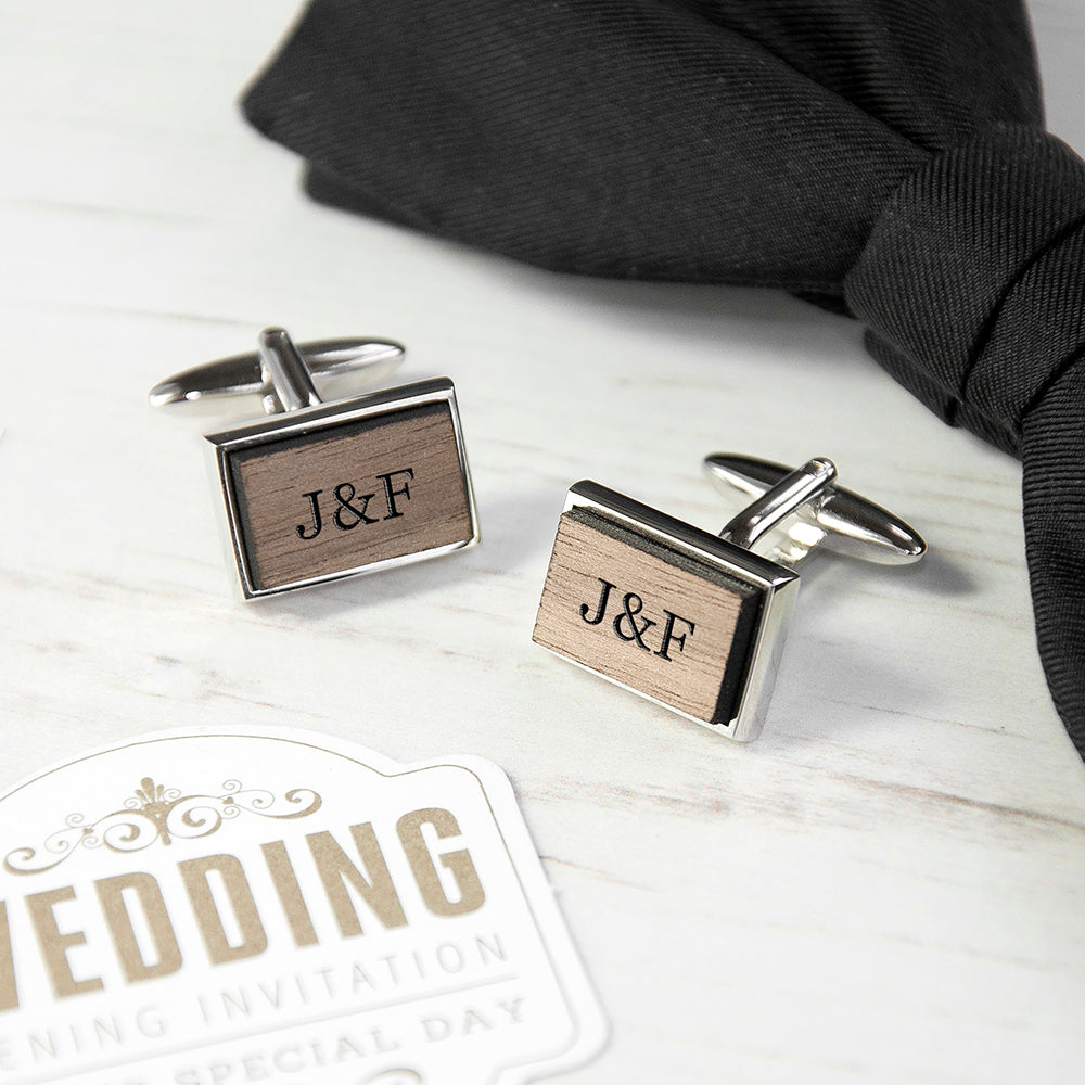 Monogram Engraved Rectangle Walnut Cufflinks