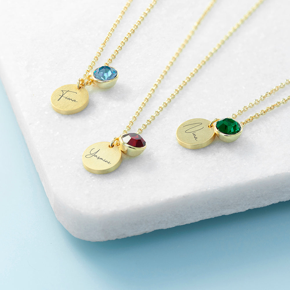 Personalised Gold Birthstone & Disc Necklace | Custom Gift for Her