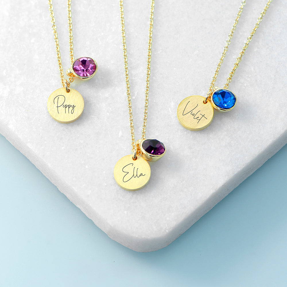 Personalised Gold Birthstone & Disc Necklace | Custom Gift for Her