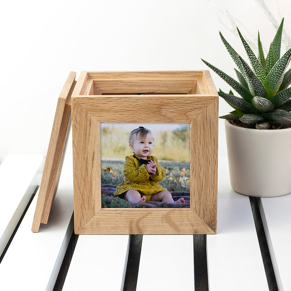 Wonder Gifts Personalised Oak Photo Cube Keepsake Box – Custom Memory Gift