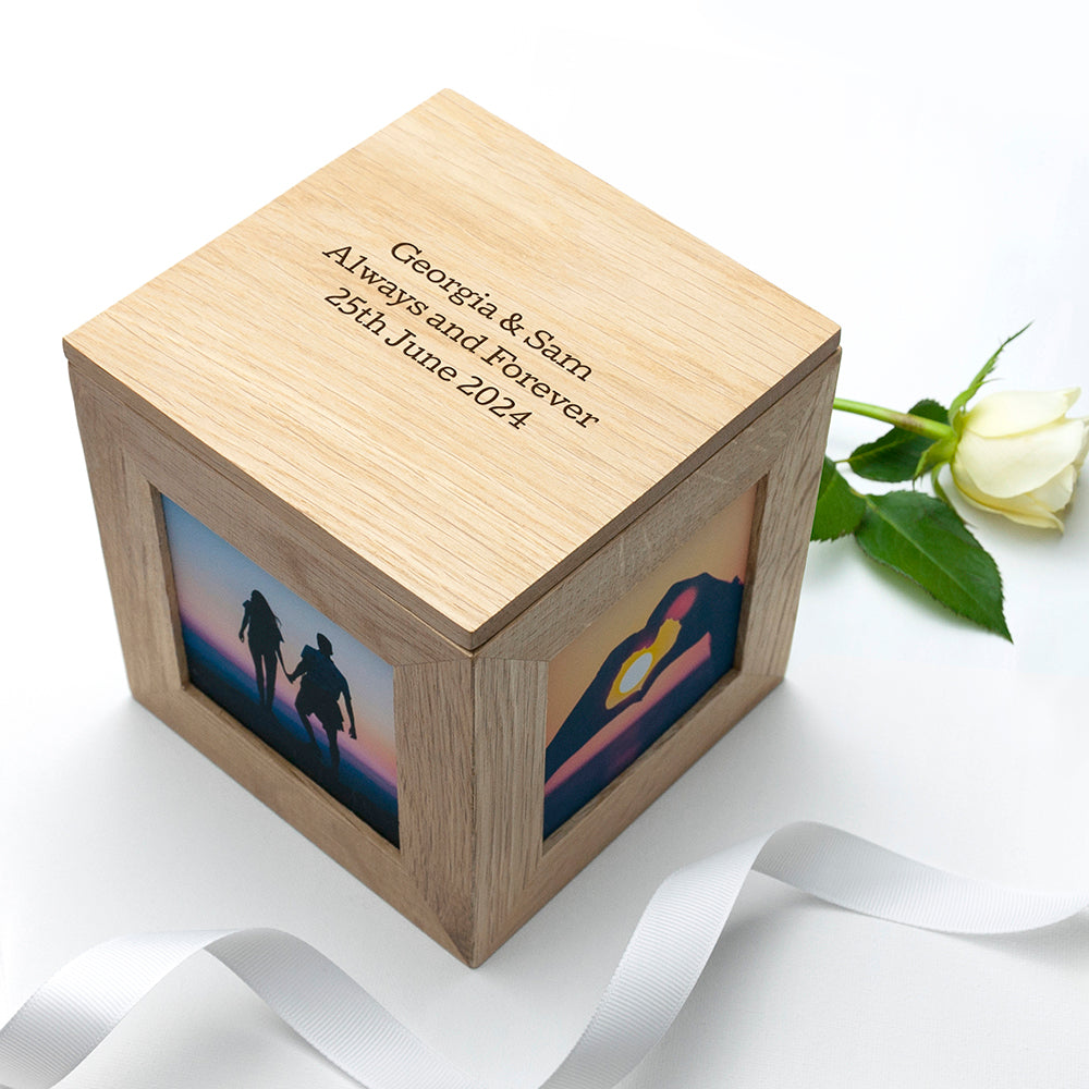 Wonder Gifts Personalised Oak Photo Cube Keepsake Box – Custom Memory Gift