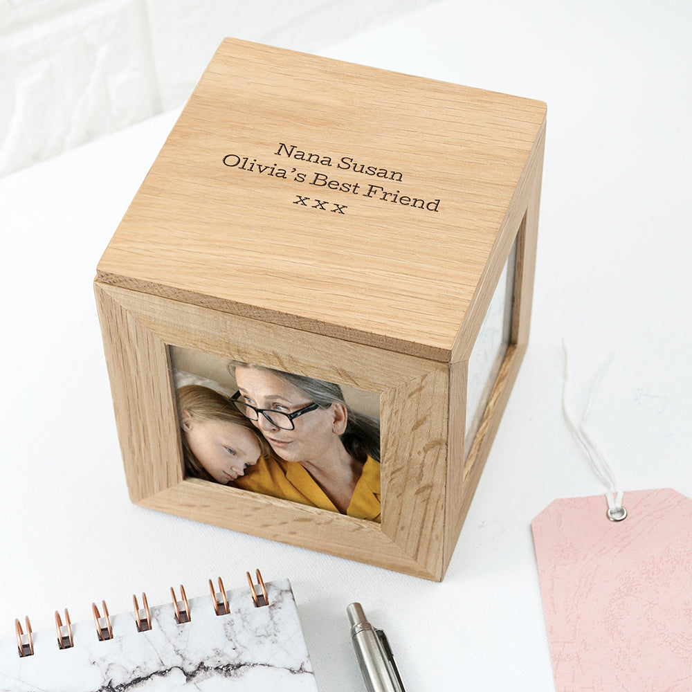 Wonder Gifts Personalised Oak Photo Cube Keepsake Box – Custom Memory Gift