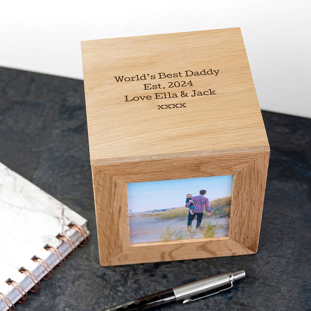Wonder Gifts Personalised Oak Photo Cube Keepsake Box – Custom Memory Gift