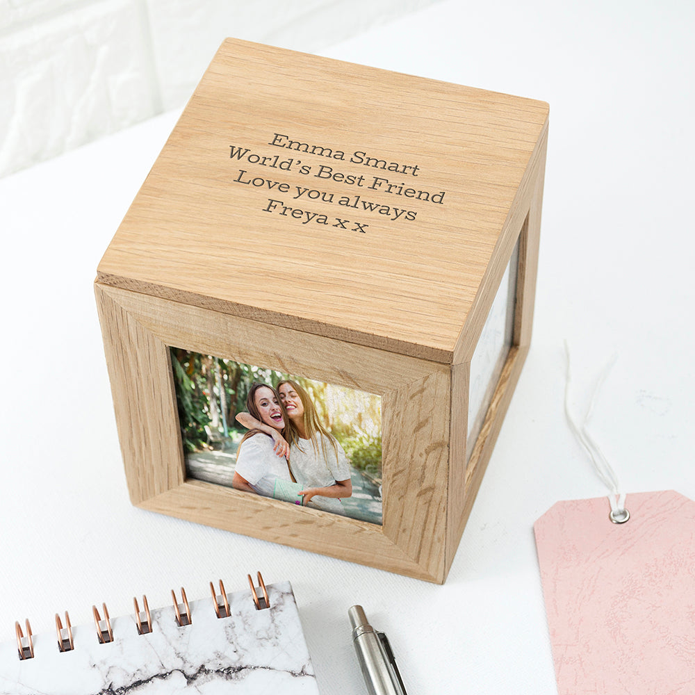 Wonder Gifts Personalised Oak Photo Cube Keepsake Box – Custom Memory Gift