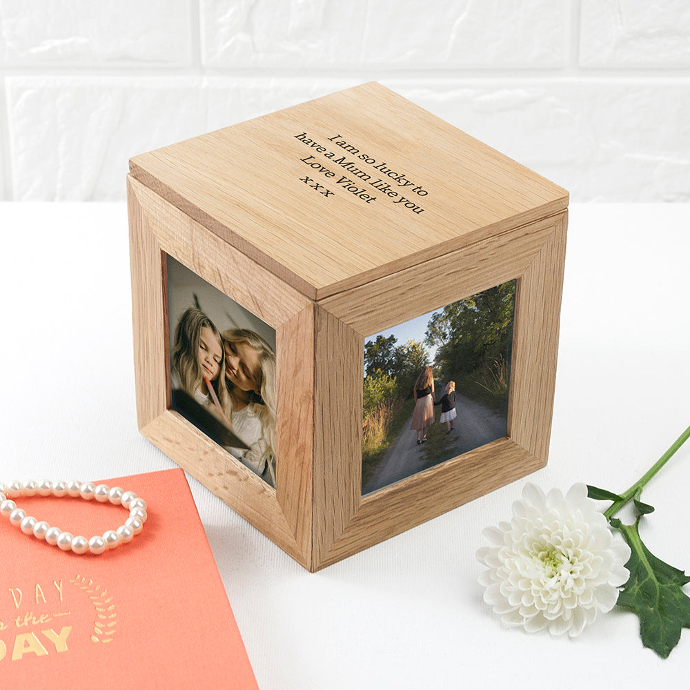 Wonder Gifts Personalised Oak Photo Cube Keepsake Box – Custom Memory Gift