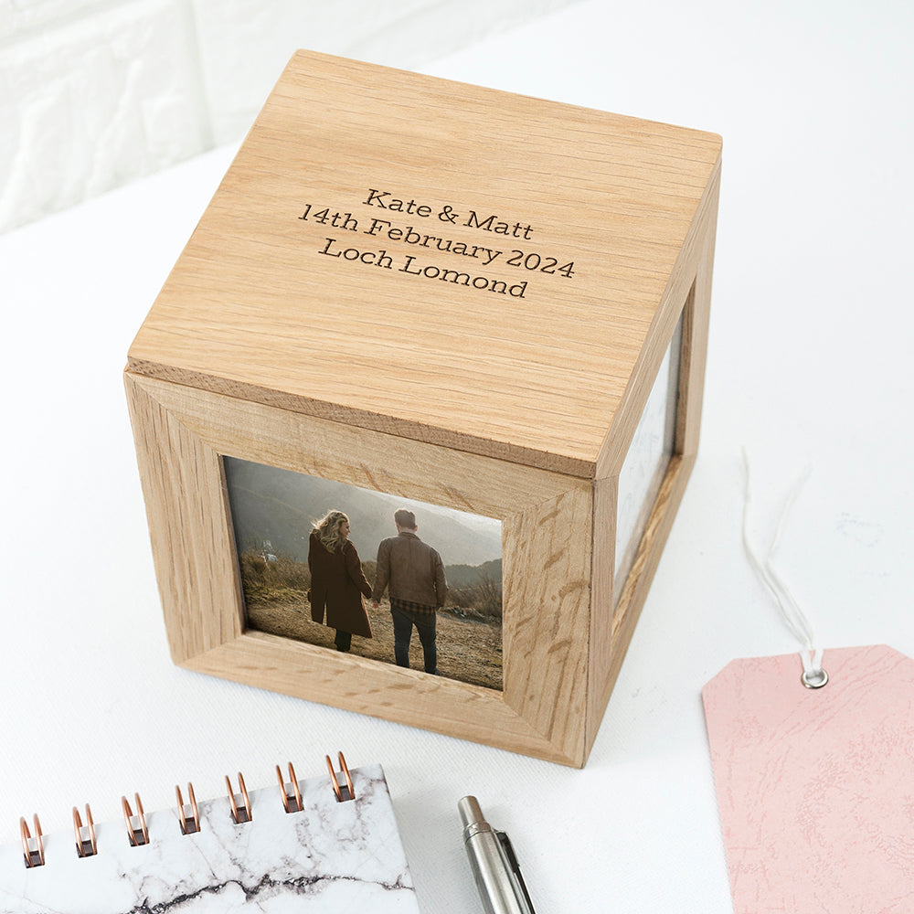Wonder Gifts Personalised Oak Photo Cube Keepsake Box – Custom Memory Gift