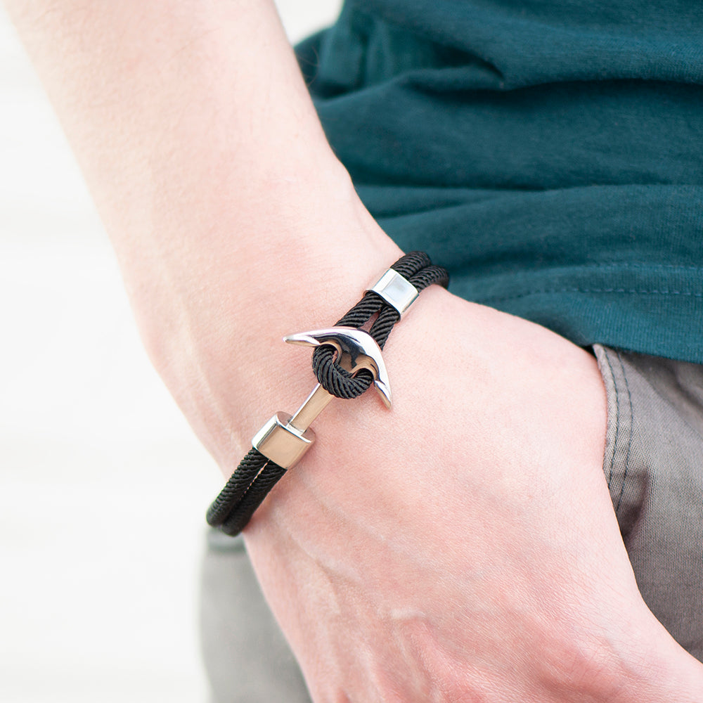 Personalised Mens Black Rope Nautical Anchor Bracelet
