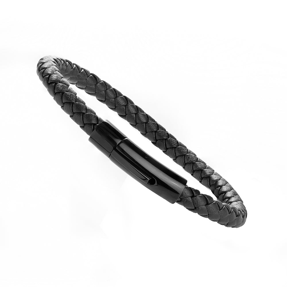 Wonder Gifts Men's Personalised Black Italian Leather Woven Bracelet