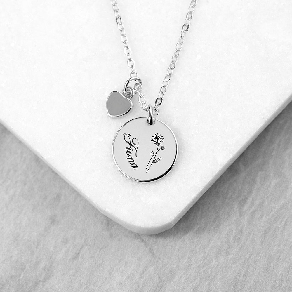 Personalised Birth Flower Heart and Disc Necklace