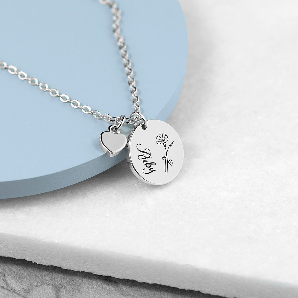 Personalised Birth Flower Heart and Disc Necklace