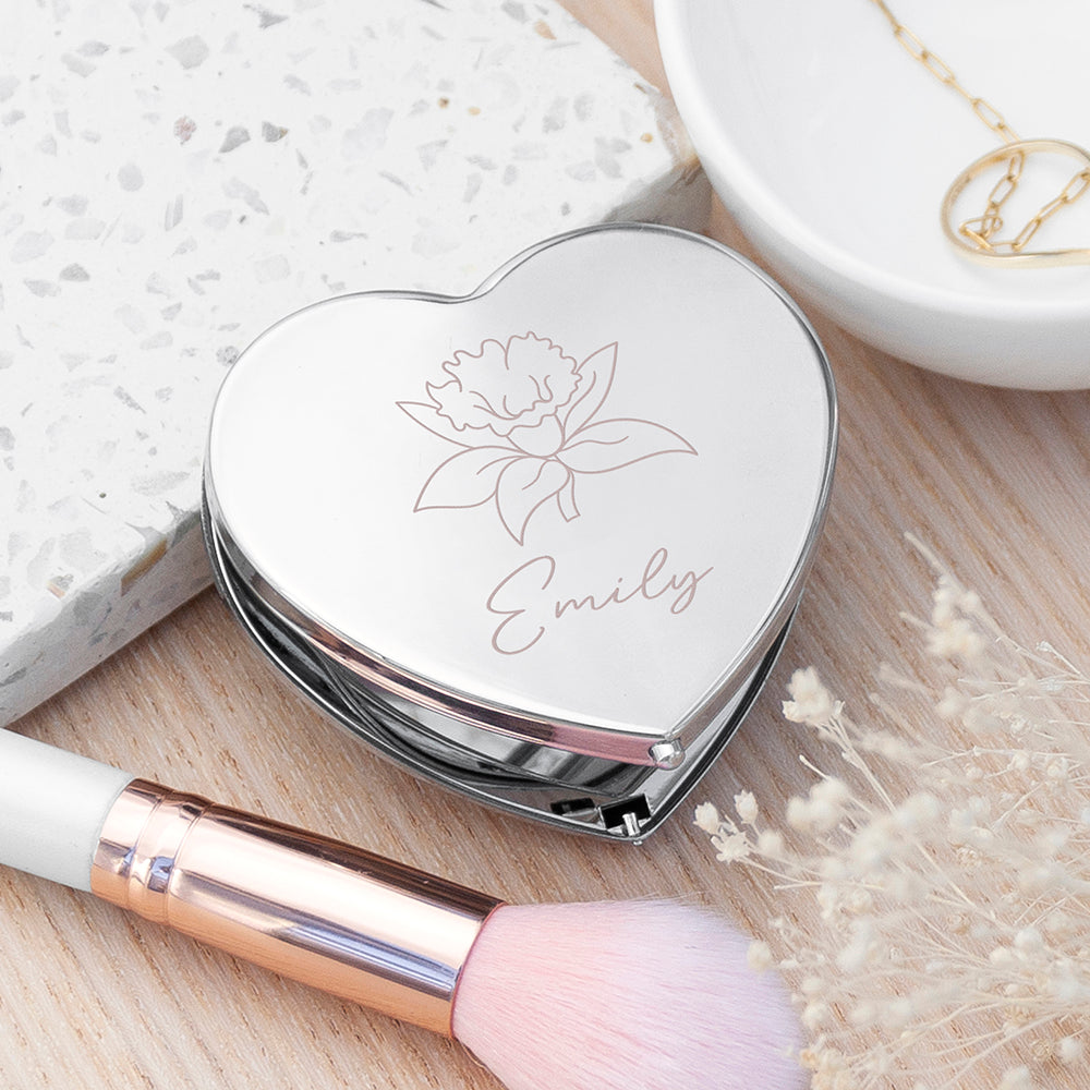 Personalised Silver Heart Birth Flower Compact Mirror