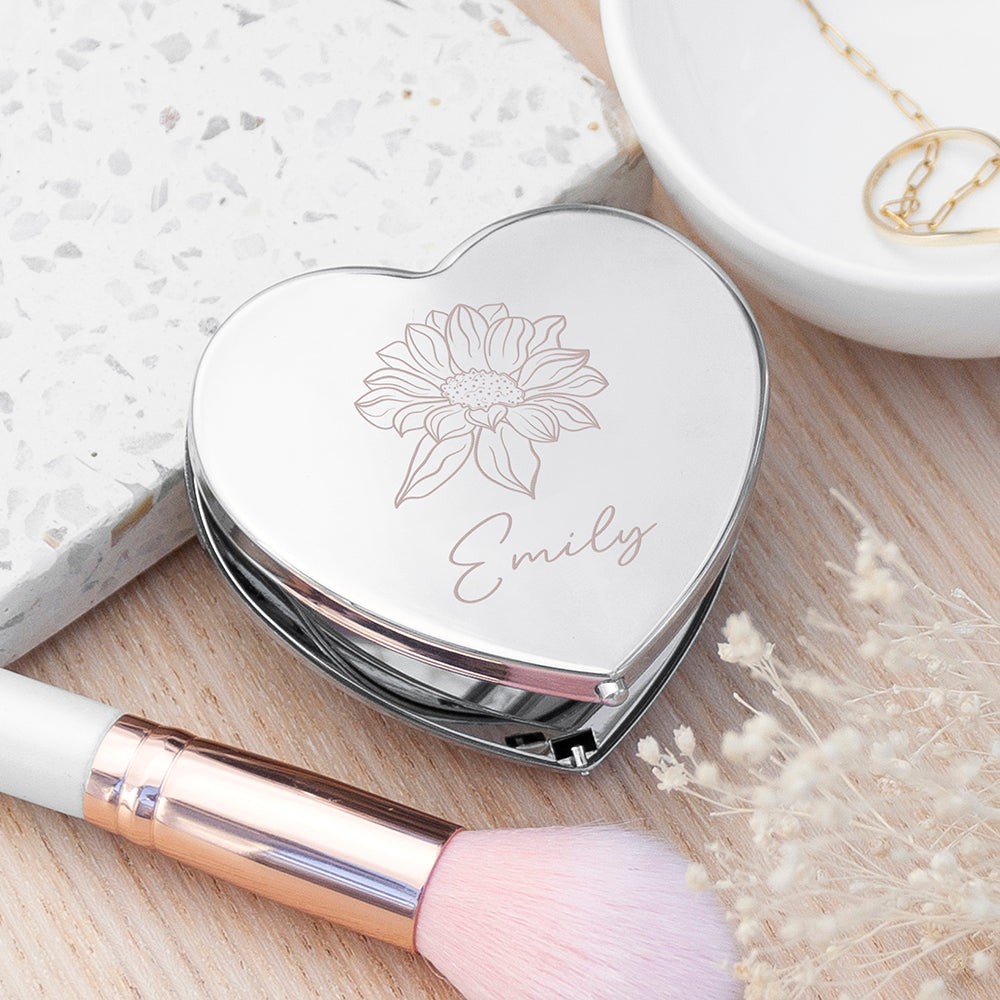 Personalised Silver Heart Birth Flower Compact Mirror