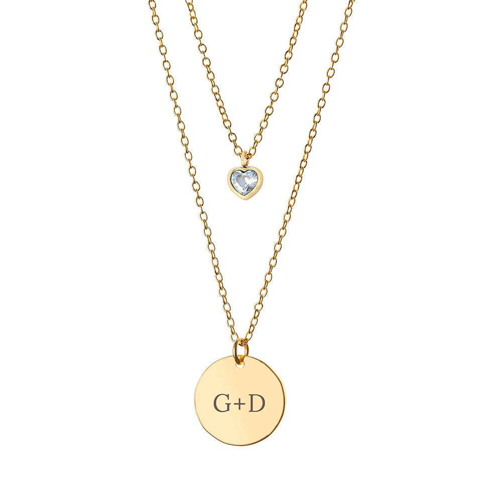 Personalised Layered Crystal Heart and Disc Necklace Gold & Silver Plated