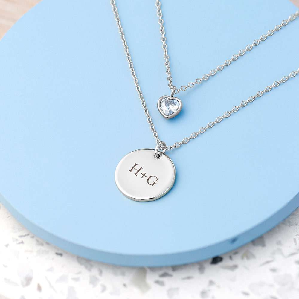 Personalised Layered Crystal Heart and Disc Necklace Gold & Silver Plated
