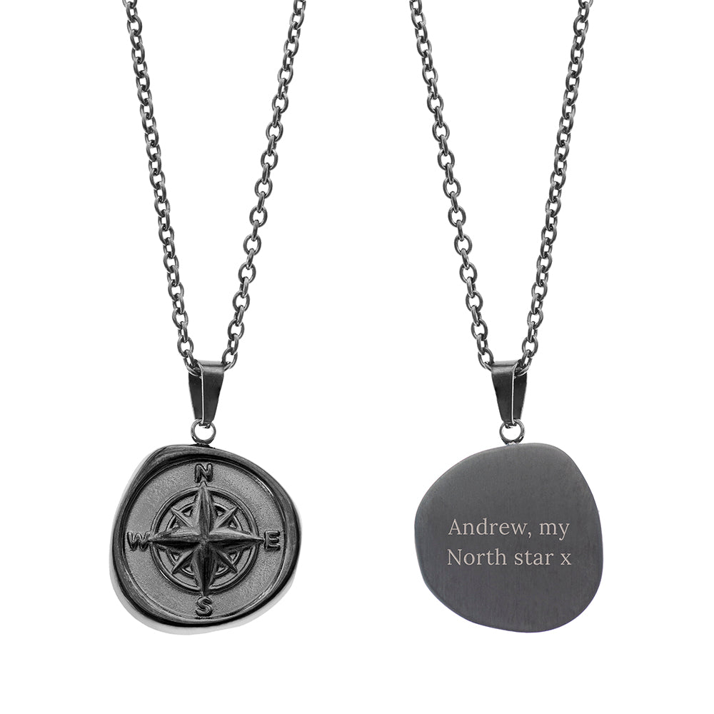 Personalised Men's Compass Amulet Necklace | Custom Gift for Him, Gunmetal & Silver