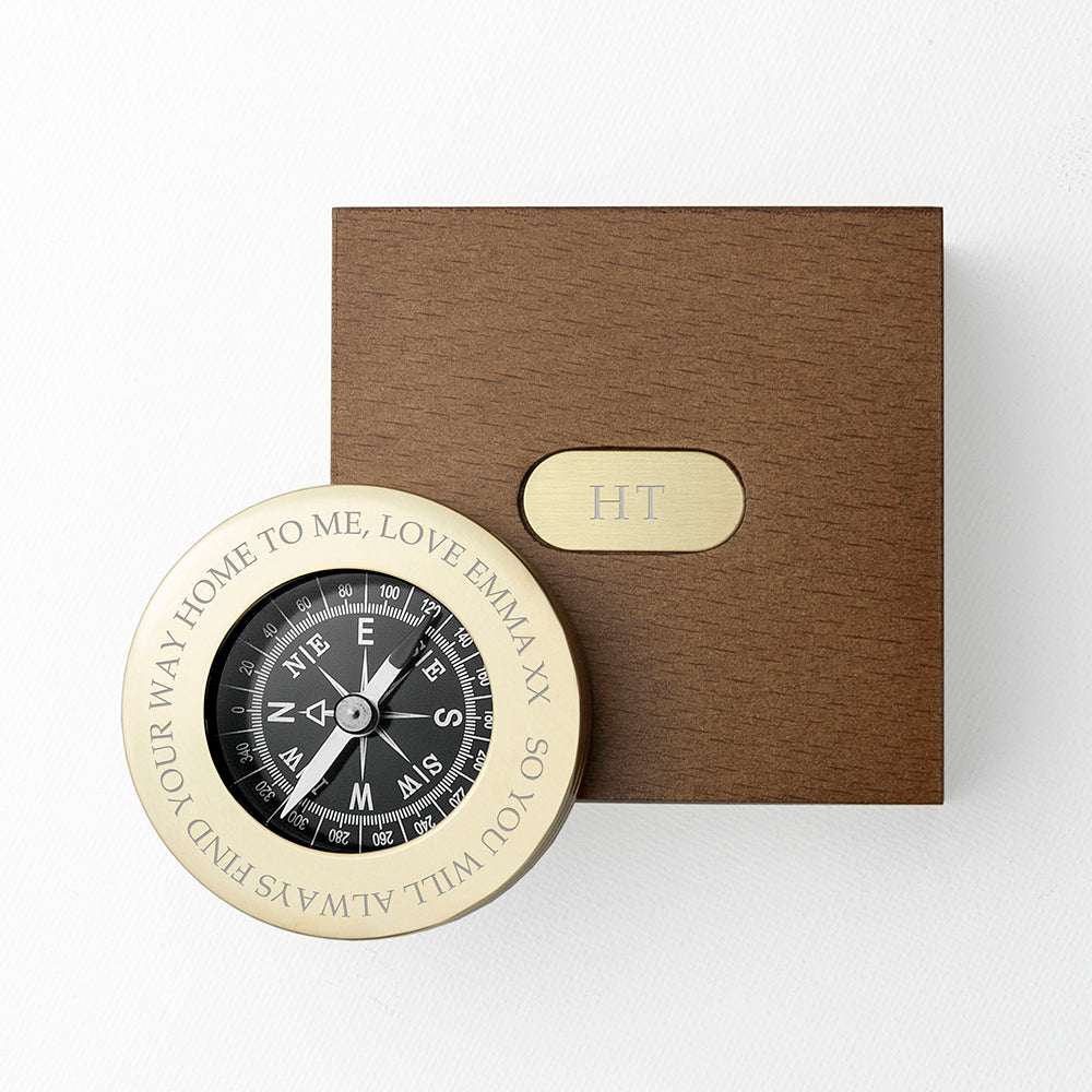 Personalised Brass Travellers Compass with Wooden Box