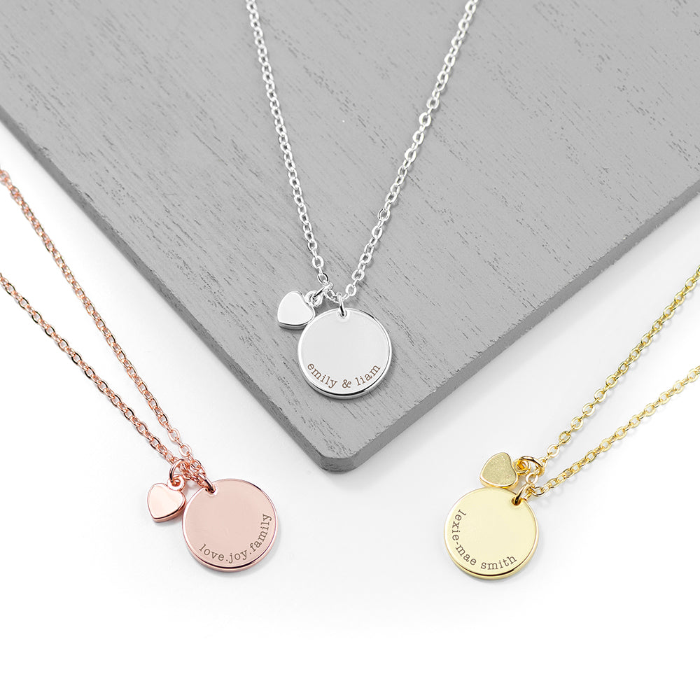 Personalised Heart & Disc Necklace | Custom Engraved Gift for Her