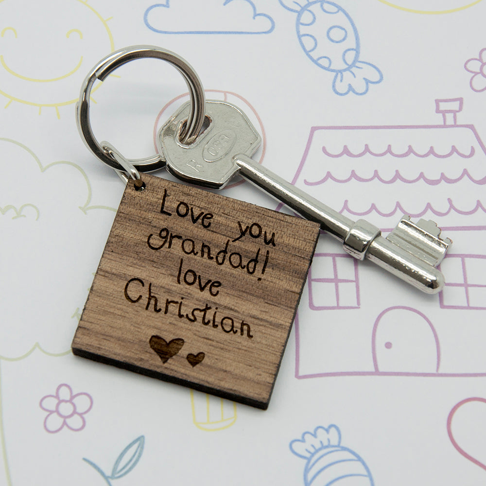 Personalised Square Wooden Keyring - Kids Hand-writing